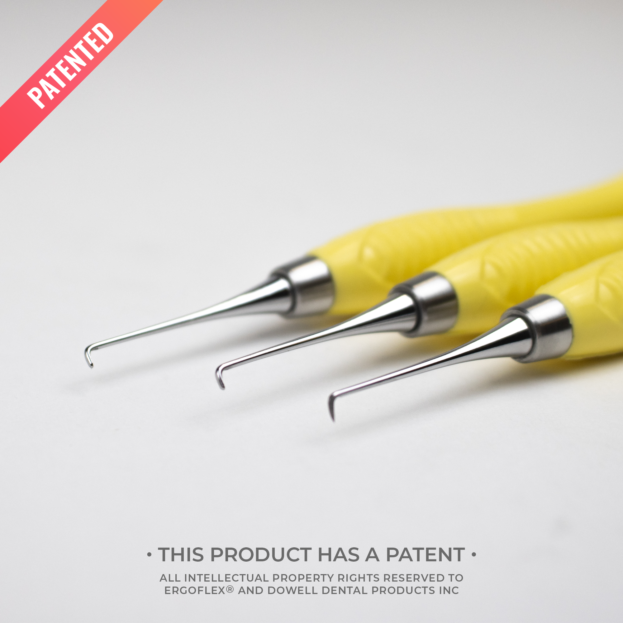 Three yellow dental instruments with metal ends on a light gray background, featuring the word 'Patented'.
