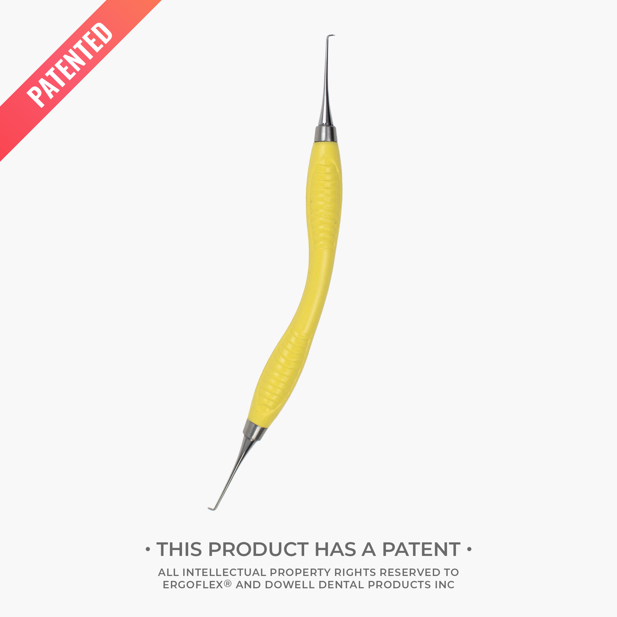 Yellow dental instrument with a bendable handle and silver tip on a white background, featuring the word 'Patented'.