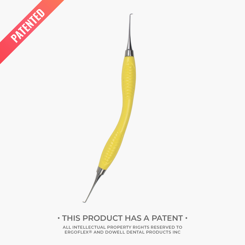 Yellow dental instrument with a bendable handle and silver tip on a white background, featuring the word 'Patented'.