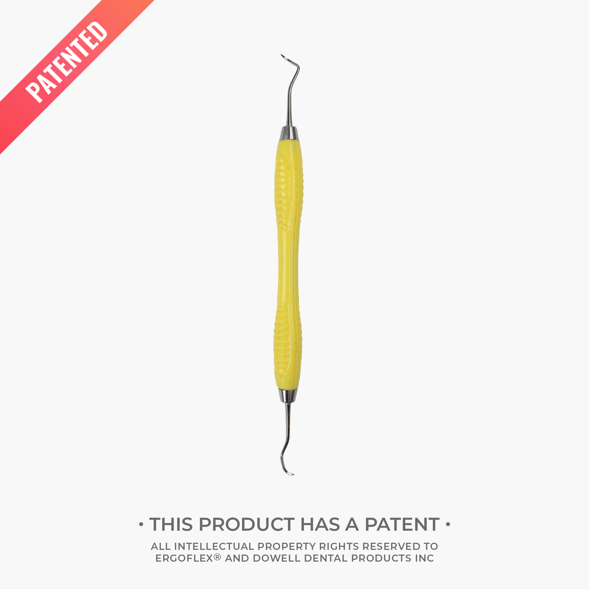 Yellow dental tool with a patent label on a white background