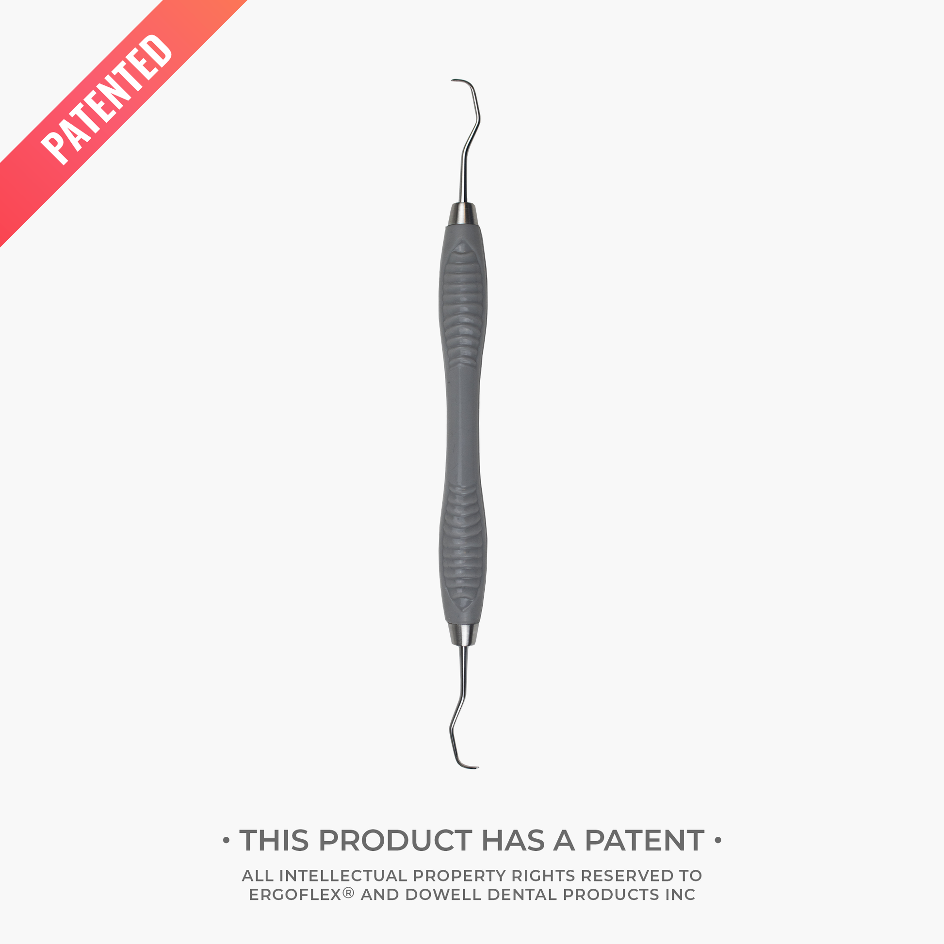 Gray dental tool with textured handle on a white background, featuring the word 'Patented'.