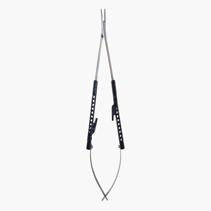 A black titanium coated micro surgery needle holder with an ultra light weight design.
