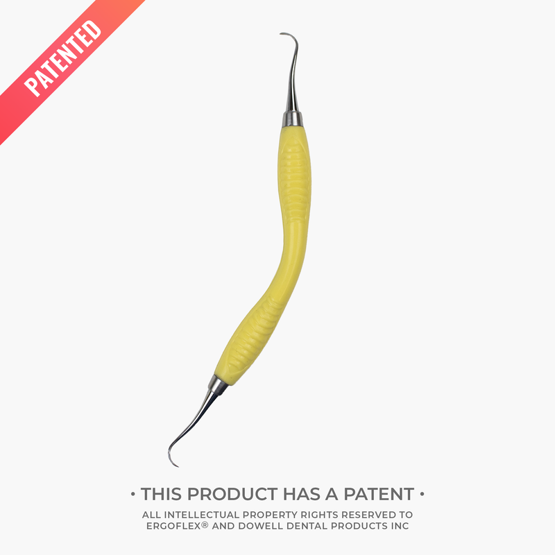 Yellow dental tool with a silver tip on a white background, featuring the word 'Patented'.