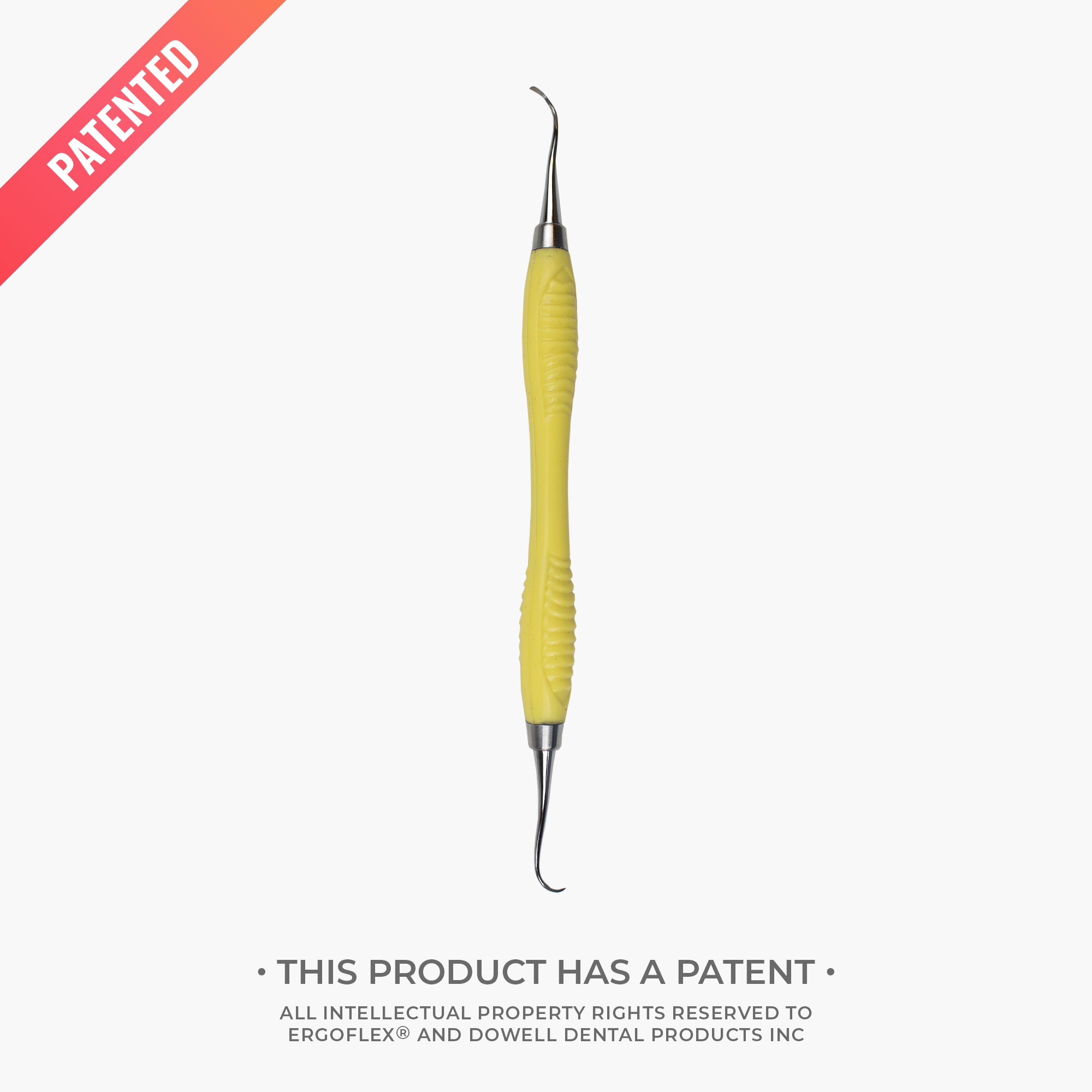 Yellow dental tool with a patent label on a white background